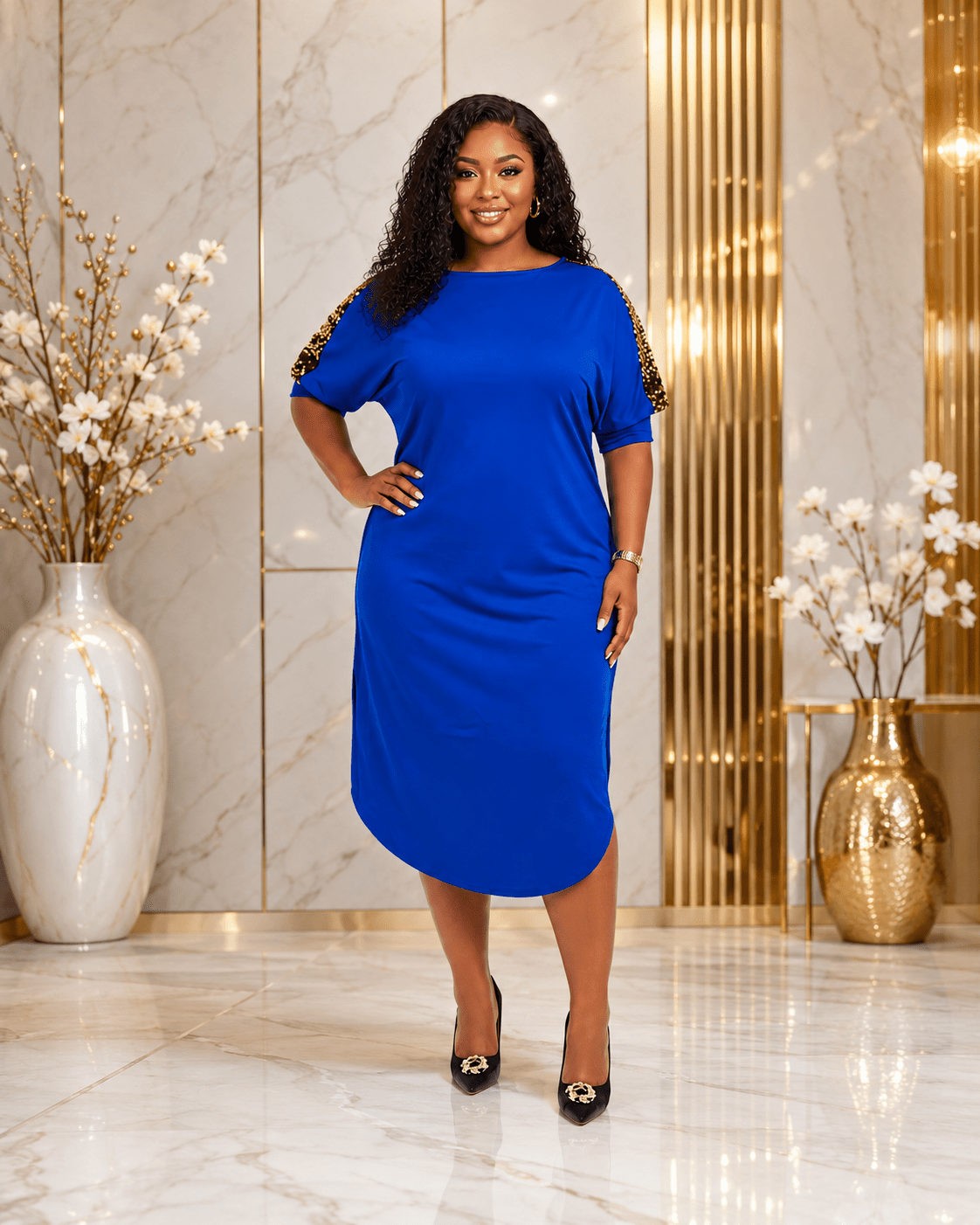 Women's Plus Size Sequin Shoulder Midi Dress – Casual Elegant Relaxed Fit Dress - Mini Dress - Cherubim Aura