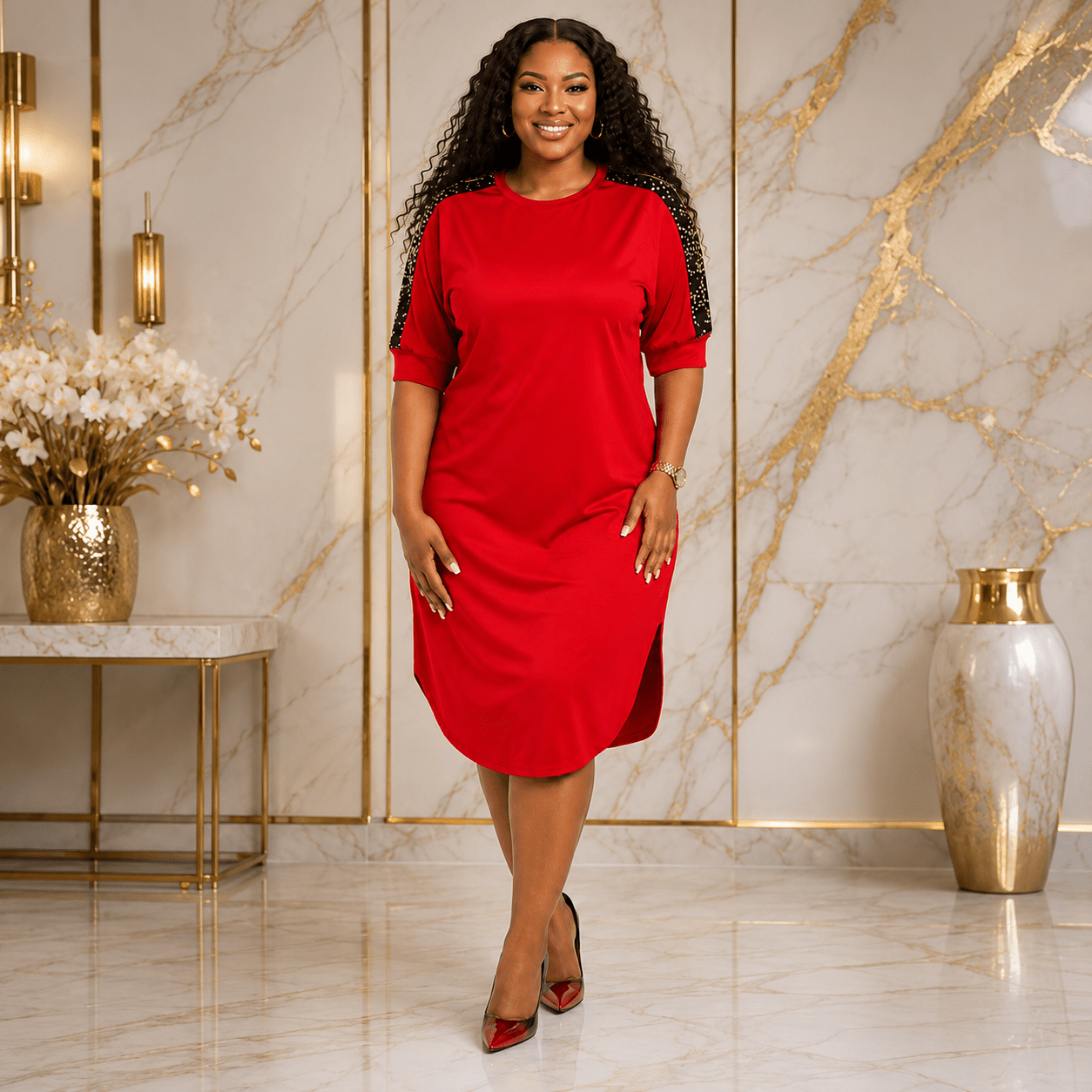 Women's Plus Size Sequin Shoulder Midi Dress – Casual Elegant Relaxed Fit Dress - Mini Dress - Cherubim Aura