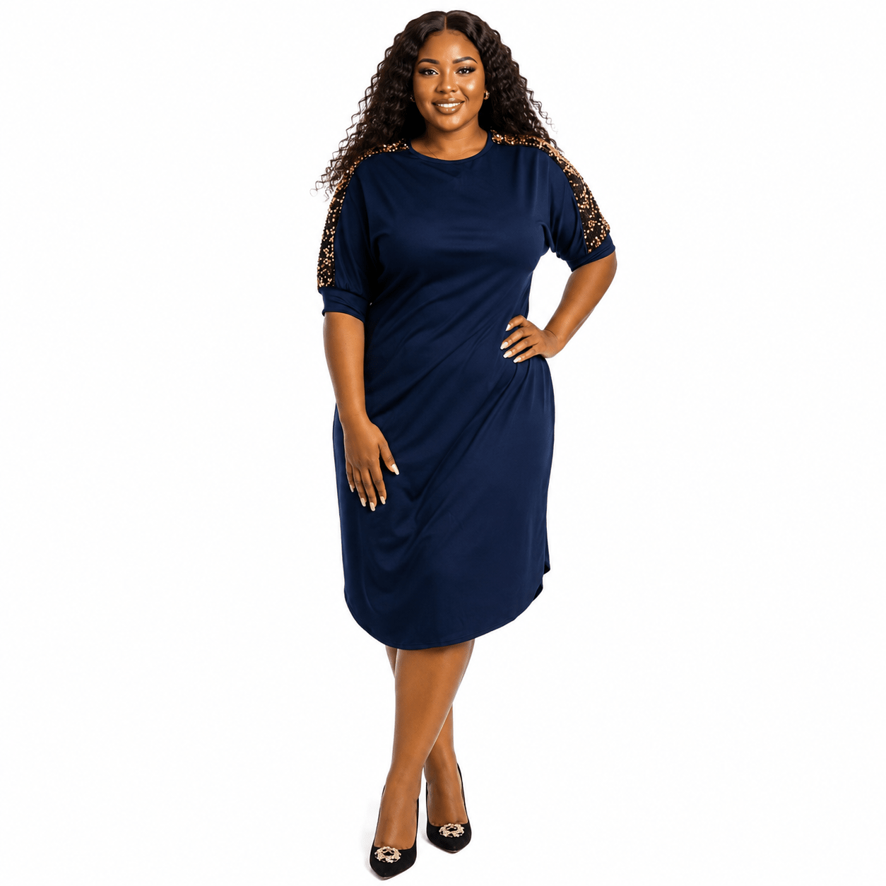 Women's Plus Size Sequin Shoulder Midi Dress – Casual Elegant Relaxed Fit Dress - Mini Dress - Cherubim Aura