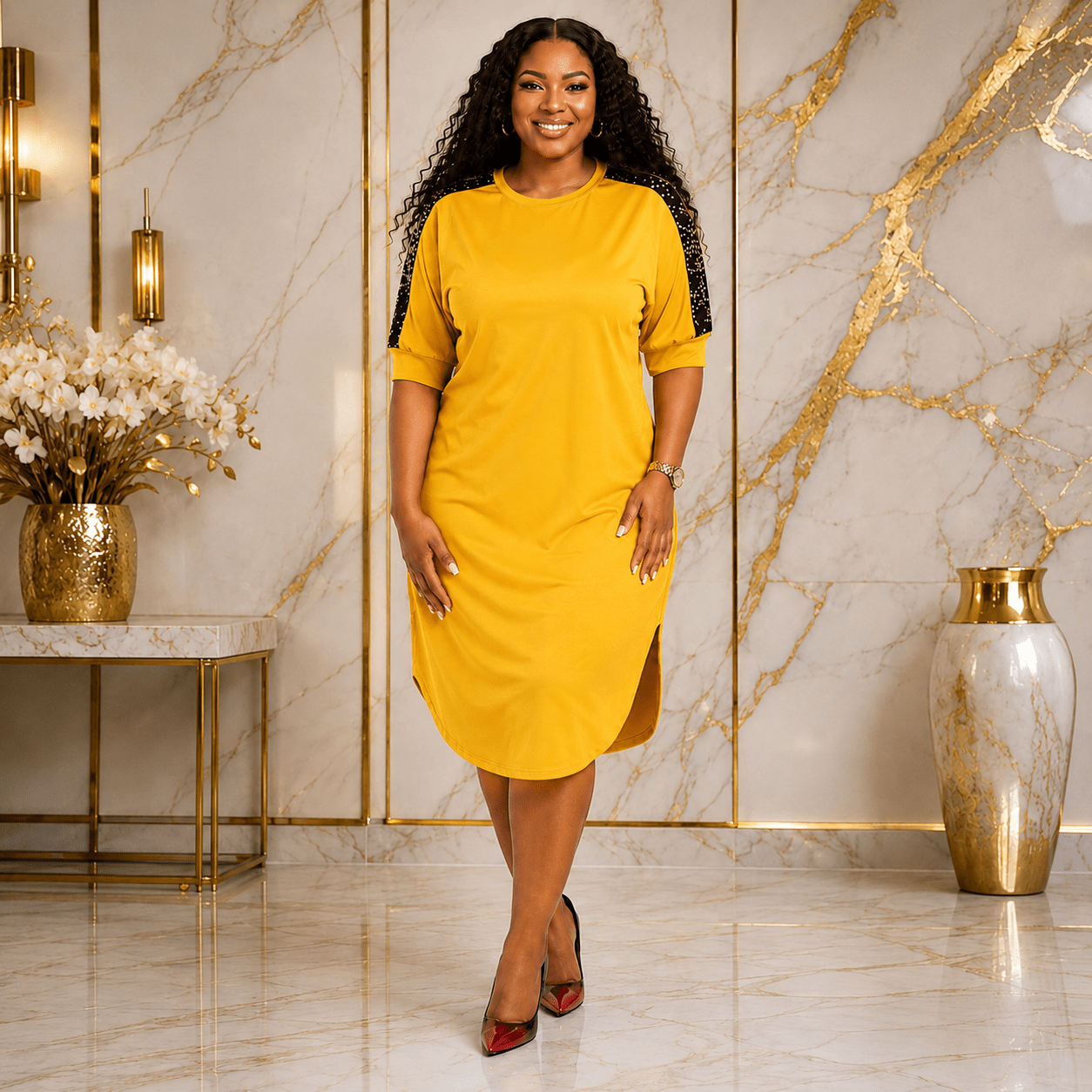 Women's Plus Size Sequin Shoulder Midi Dress – Casual Elegant Relaxed Fit Dress - Mini Dress - Cherubim Aura