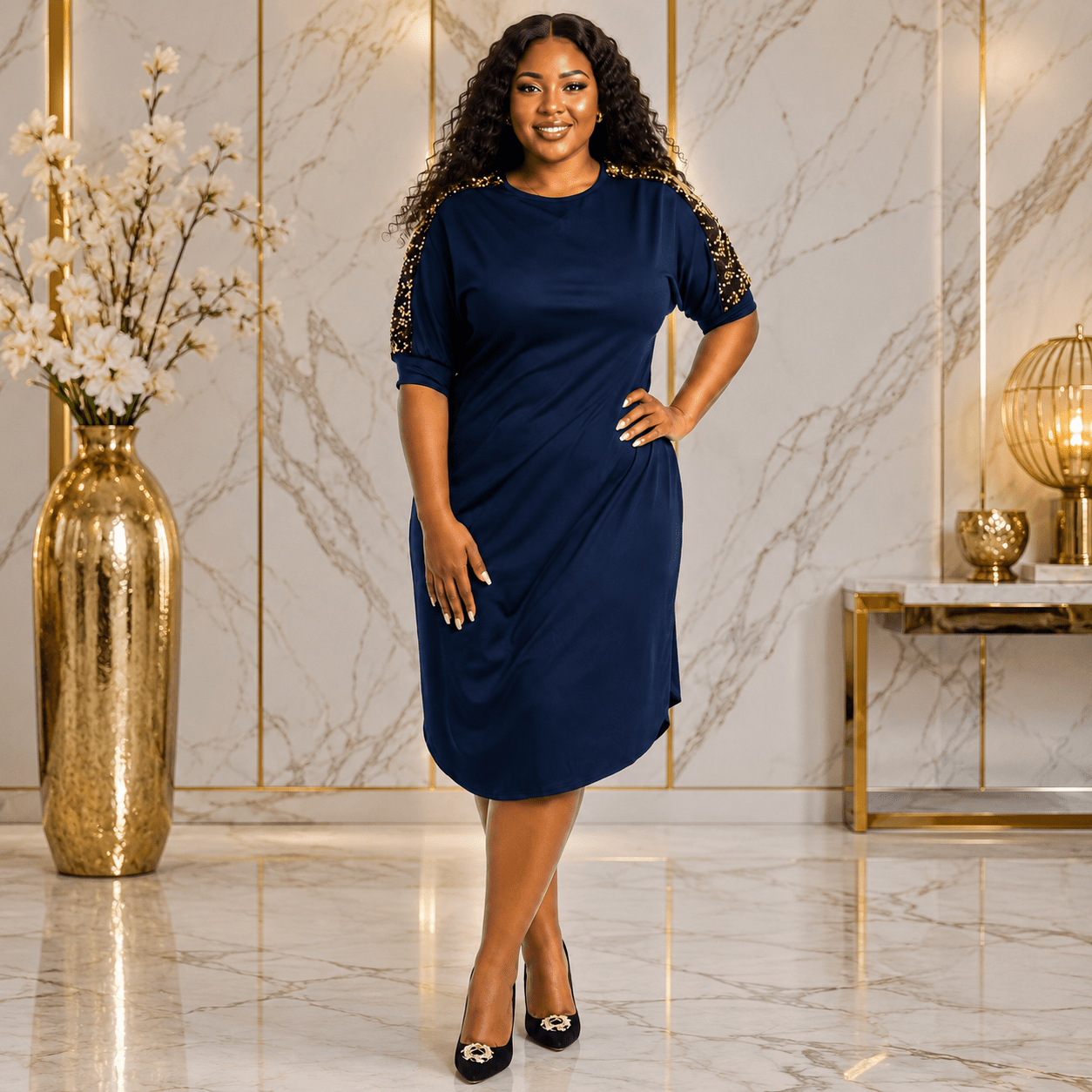 Women's Plus Size Sequin Shoulder Midi Dress – Casual Elegant Relaxed Fit Dress - Mini Dress - Cherubim Aura