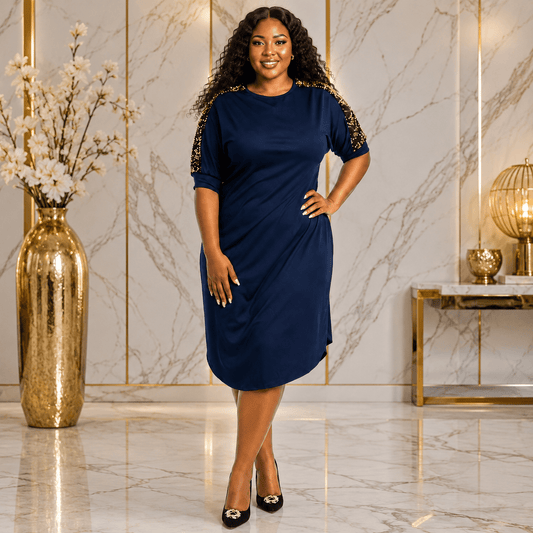 Women's Plus Size Sequin Shoulder Midi Dress – Casual Elegant Relaxed Fit Dress - Mini Dress - Cherubim Aura