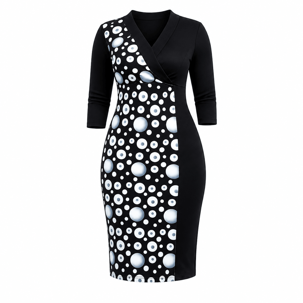 Women's Polka Dot Color Block Bodycon Midi Dress – Elegant V-Neck 3/4 Sleeve Office Dress - Midi Dresses - Cherubim Aura