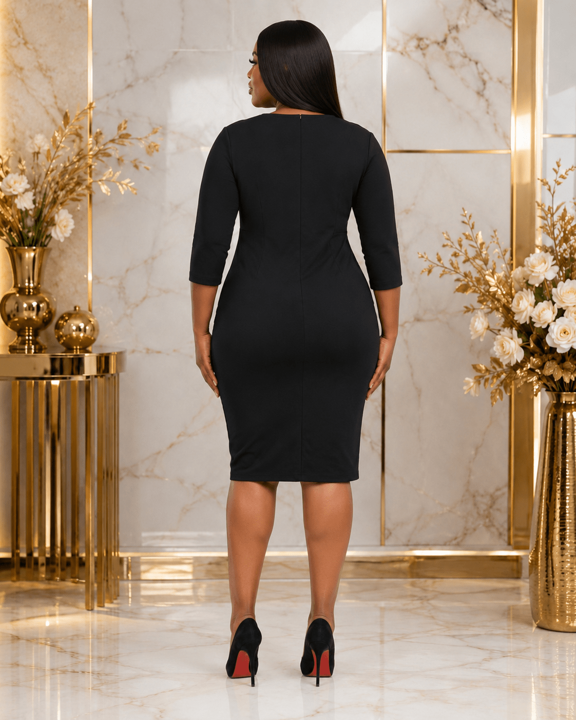 Women's Polka Dot Color Block Bodycon Midi Dress – Elegant V-Neck 3/4 Sleeve Office Dress - Midi Dresses - Cherubim Aura