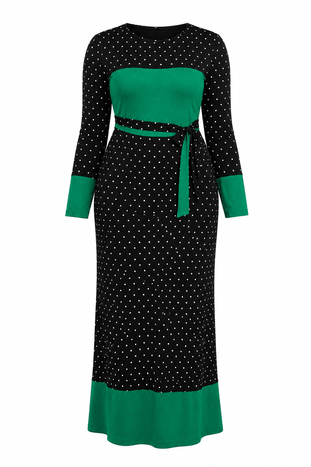 Women's Polka Dot Colour Block Maxi Dress – Long Sleeve Belted Elegant Maxi Dress (Green, Royal Blue, Red & Black/White Stripe) - Maxi Dress - Cherubim Aura