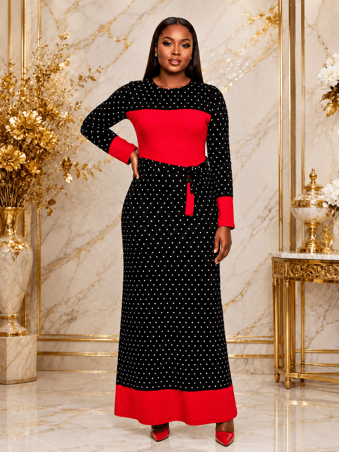Women's Polka Dot Colour Block Maxi Dress – Long Sleeve Belted Elegant Maxi Dress (Green, Royal Blue, Red & Black/White Stripe) - Maxi Dress - Cherubim Aura