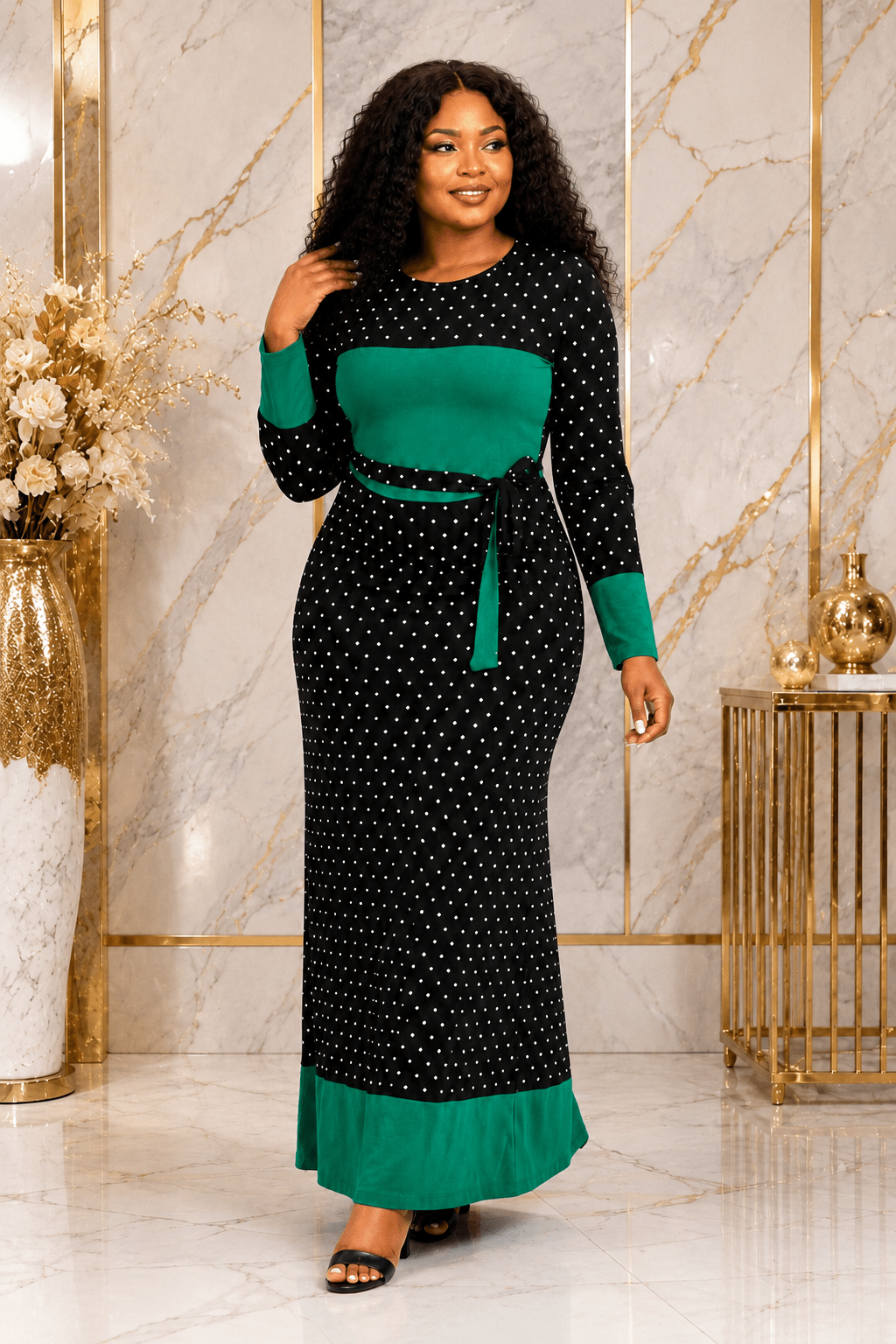 Women's Polka Dot Colour Block Maxi Dress – Long Sleeve Belted Elegant Maxi Dress (Green, Royal Blue, Red & Black/White Stripe) - Maxi Dress - Cherubim Aura