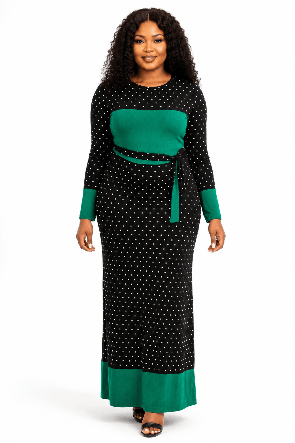 Women's Polka Dot Colour Block Maxi Dress – Long Sleeve Belted Elegant Maxi Dress (Green, Royal Blue, Red & Black/White Stripe) - Maxi Dress - Cherubim Aura