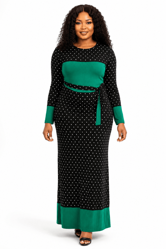Women's Polka Dot Colour Block Maxi Dress – Long Sleeve Belted Elegant Maxi Dress (Green, Royal Blue, Red & Black/White Stripe) - Maxi Dress - Cherubim Aura