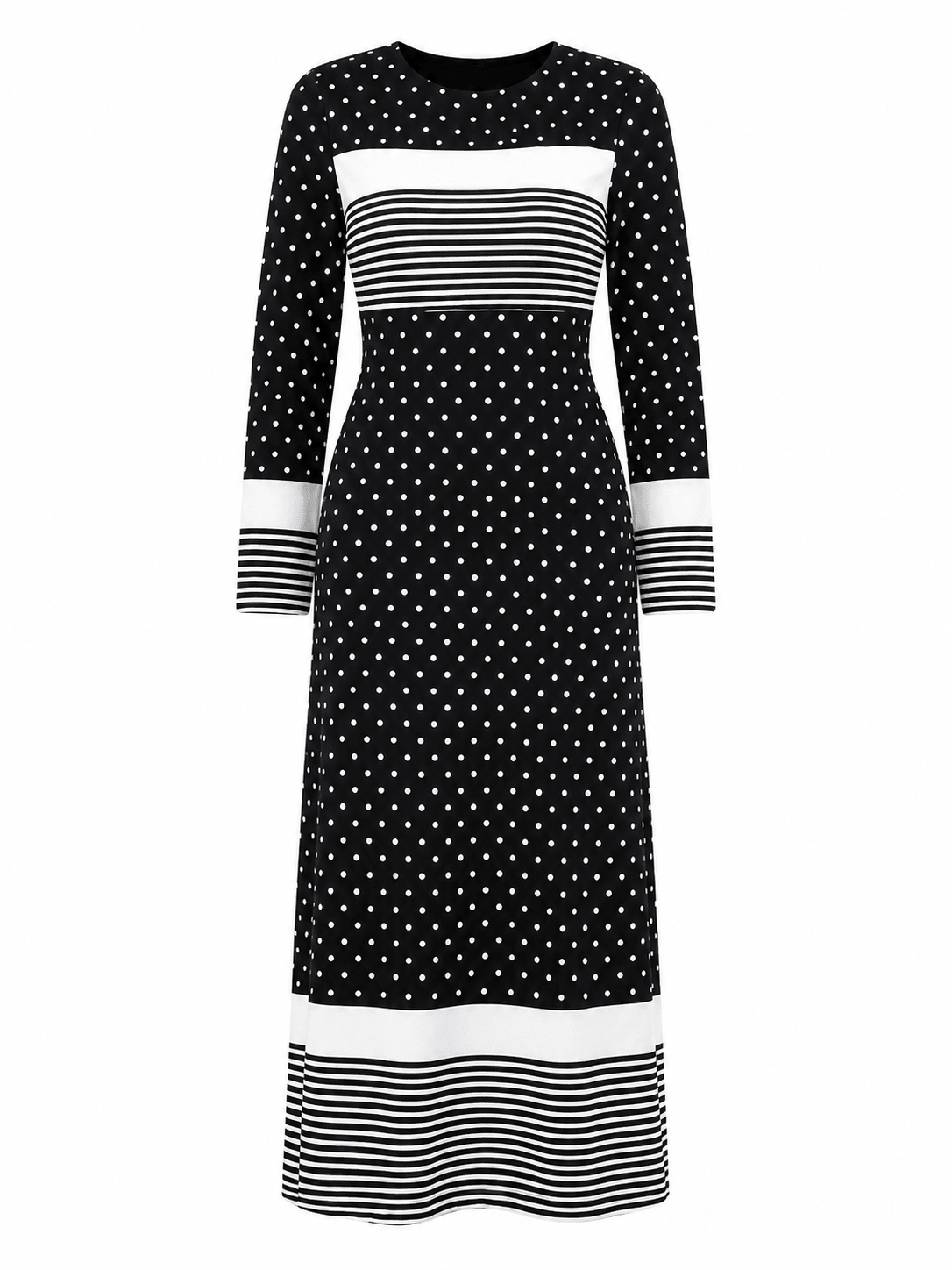 Women's Polka Dot Colour Block Maxi Dress – Long Sleeve Belted Elegant Maxi Dress (Green, Royal Blue, Red & Black/White Stripe) - Maxi Dress - Cherubim Aura