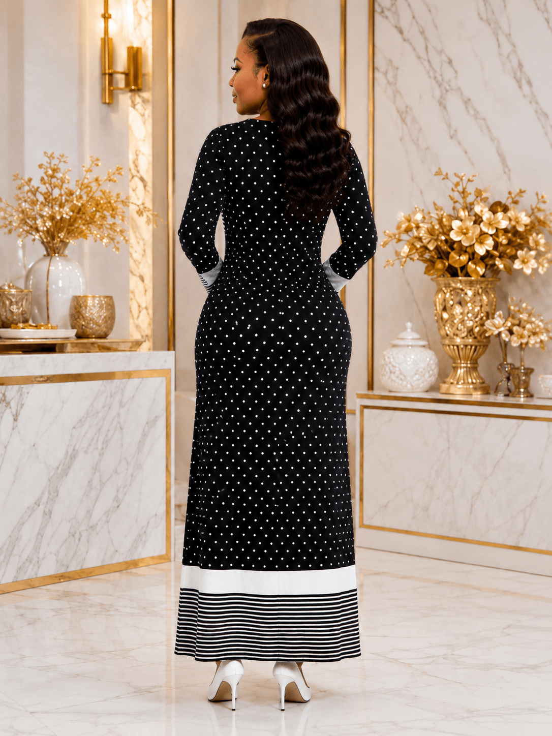 Women's Polka Dot Colour Block Maxi Dress – Long Sleeve Belted Elegant Maxi Dress (Green, Royal Blue, Red & Black/White Stripe) - Maxi Dress - Cherubim Aura