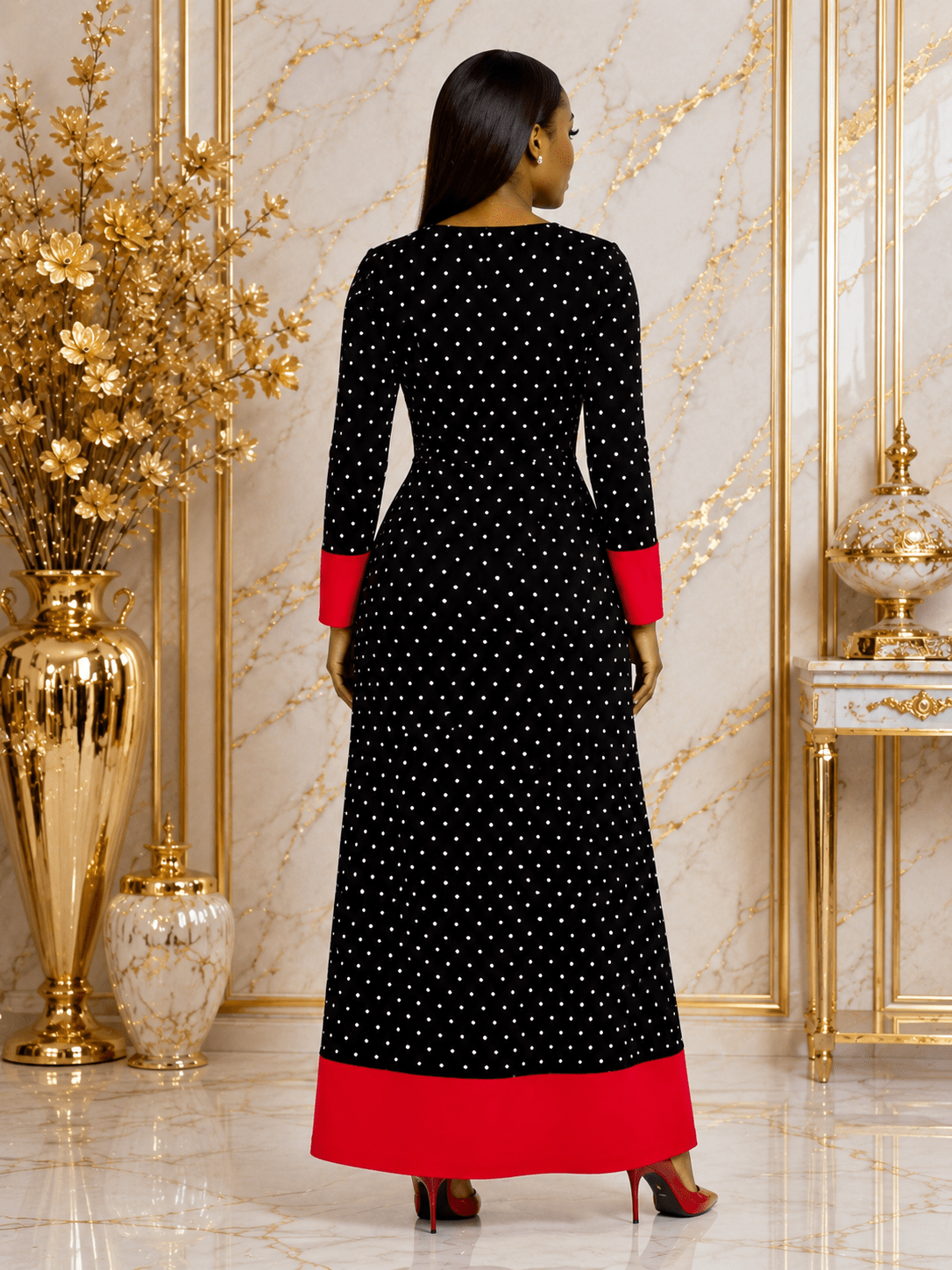 Women's Polka Dot Colour Block Maxi Dress – Long Sleeve Belted Elegant Maxi Dress (Green, Royal Blue, Red & Black/White Stripe) - Maxi Dress - Cherubim Aura