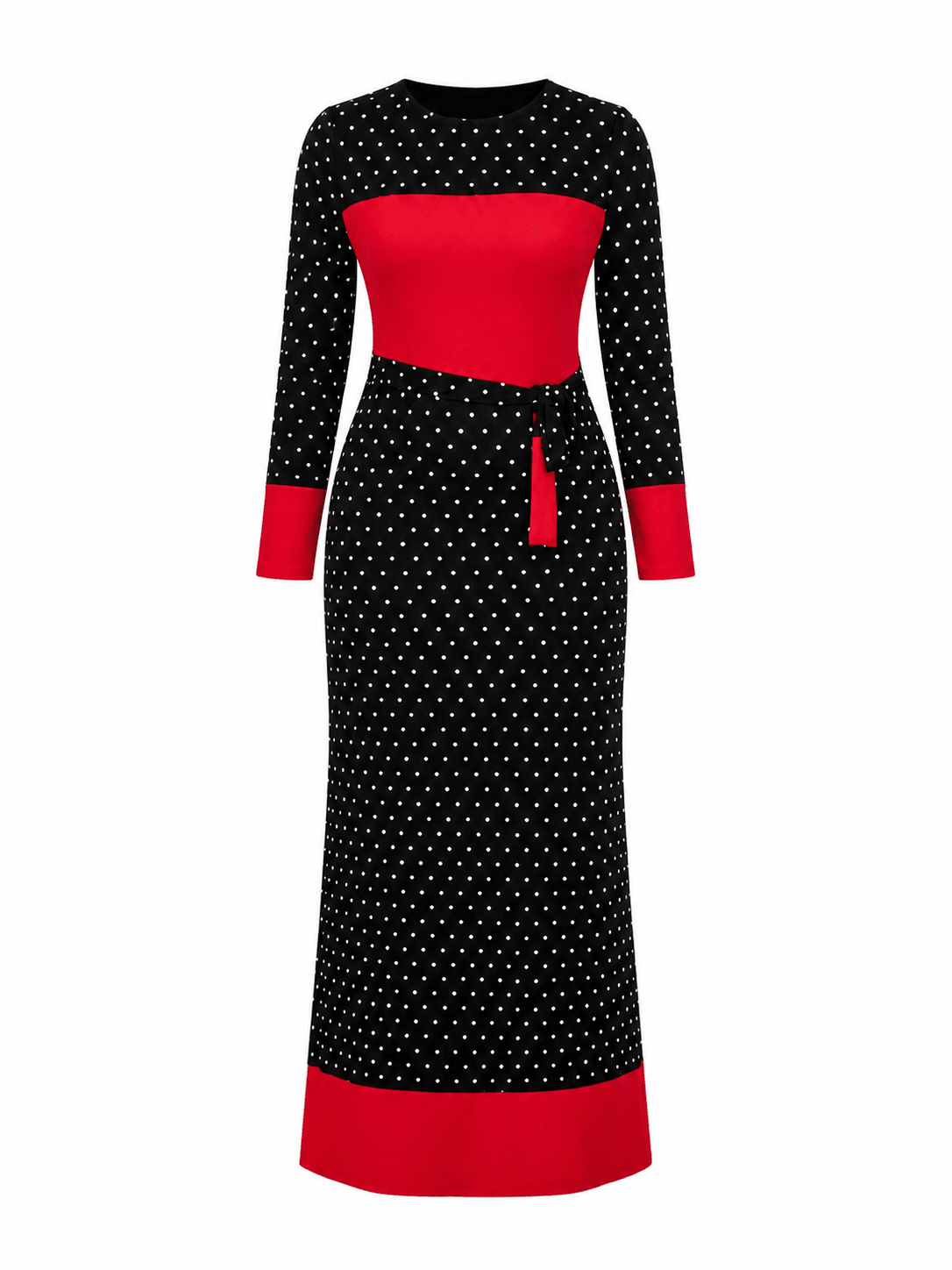Women's Polka Dot Colour Block Maxi Dress – Long Sleeve Belted Elegant Maxi Dress (Green, Royal Blue, Red & Black/White Stripe) - Maxi Dress - Cherubim Aura
