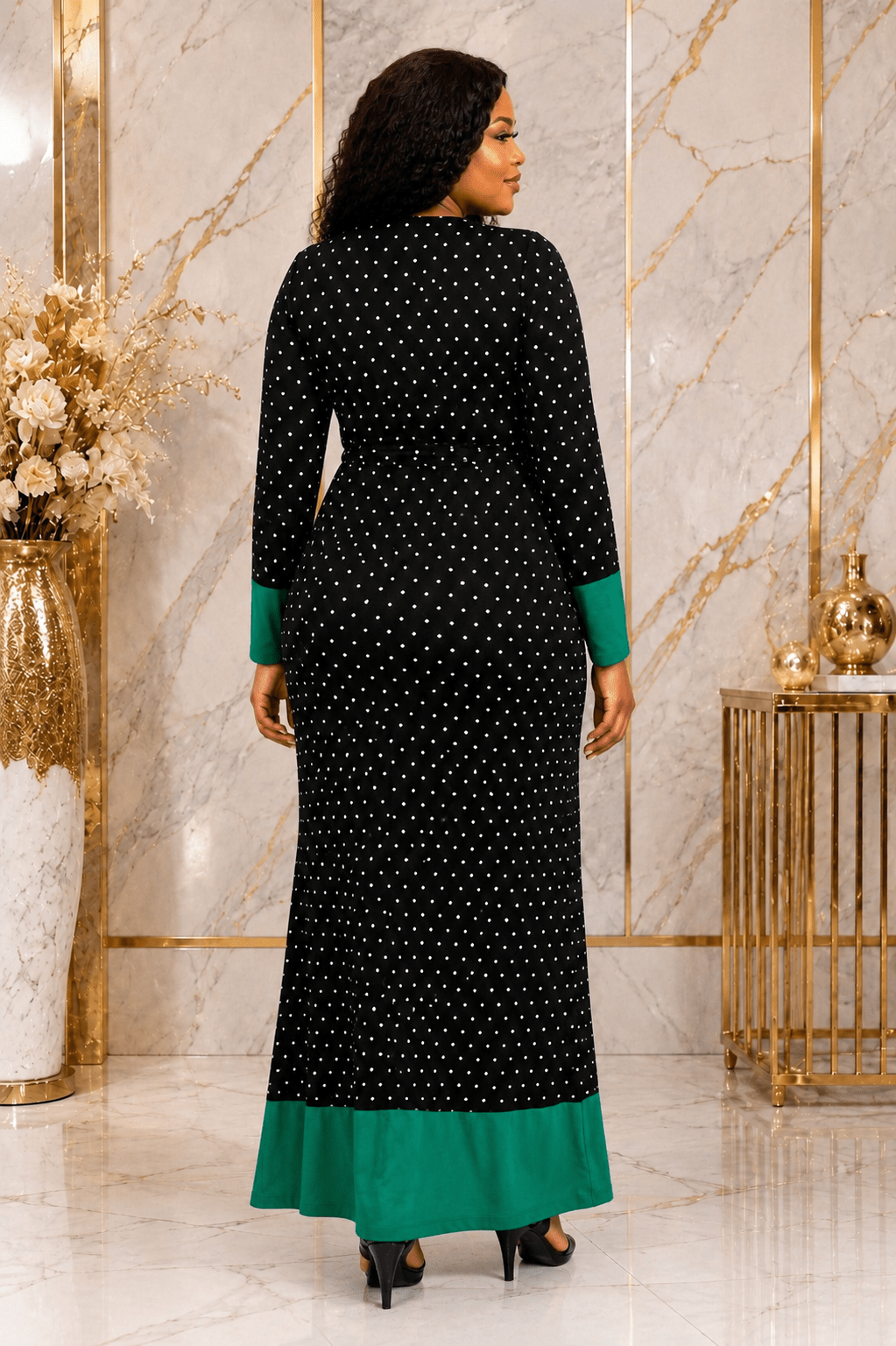 Women's Polka Dot Colour Block Maxi Dress – Long Sleeve Belted Elegant Maxi Dress (Green, Royal Blue, Red & Black/White Stripe) - Maxi Dress - Cherubim Aura