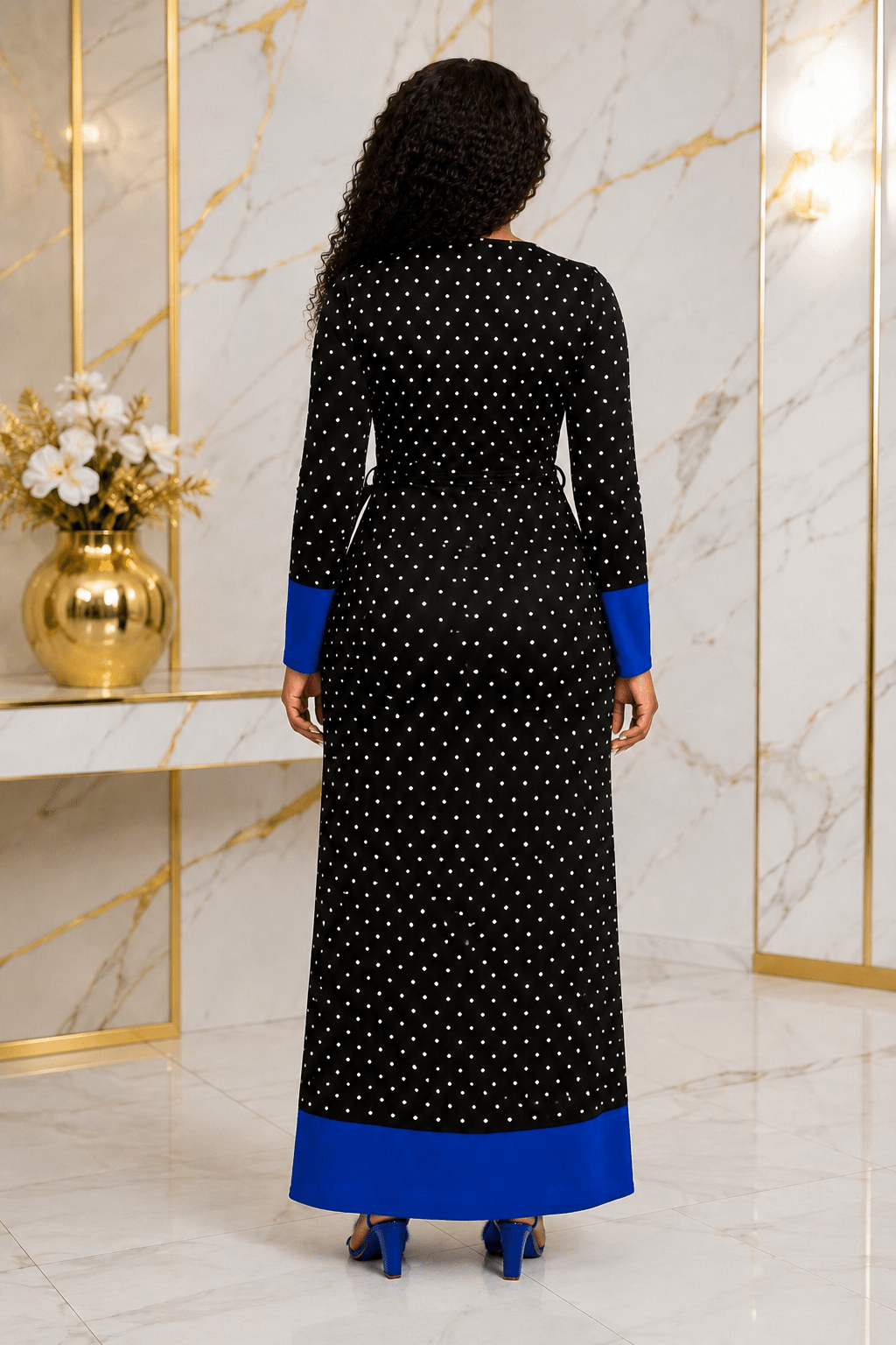 Women's Polka Dot Colour Block Maxi Dress – Long Sleeve Belted Elegant Maxi Dress (Green, Royal Blue, Red & Black/White Stripe) - Maxi Dress - Cherubim Aura