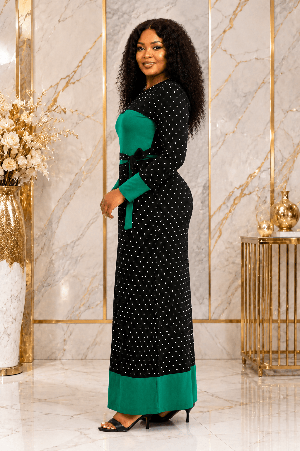 Women's Polka Dot Colour Block Maxi Dress – Long Sleeve Belted Elegant Maxi Dress (Green, Royal Blue, Red & Black/White Stripe) - Maxi Dress - Cherubim Aura