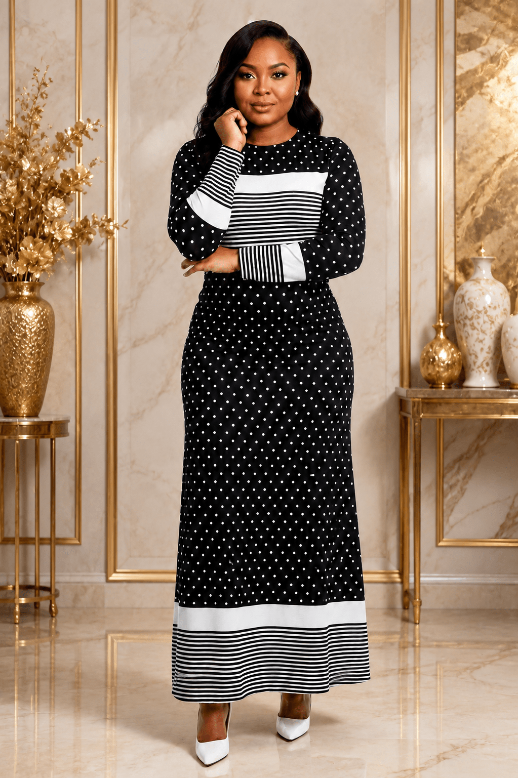 Women's Polka Dot Colour Block Maxi Dress – Long Sleeve Belted Elegant Maxi Dress (Green, Royal Blue, Red & Black/White Stripe) - Maxi Dress - Cherubim Aura