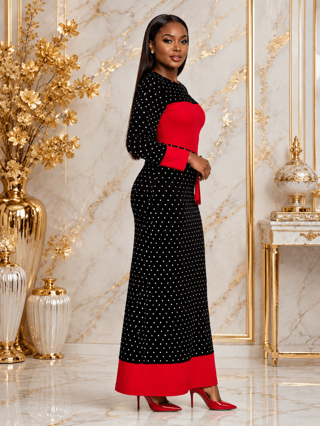 Women's Polka Dot Colour Block Maxi Dress – Long Sleeve Belted Elegant Maxi Dress (Green, Royal Blue, Red & Black/White Stripe) - Maxi Dress - Cherubim Aura