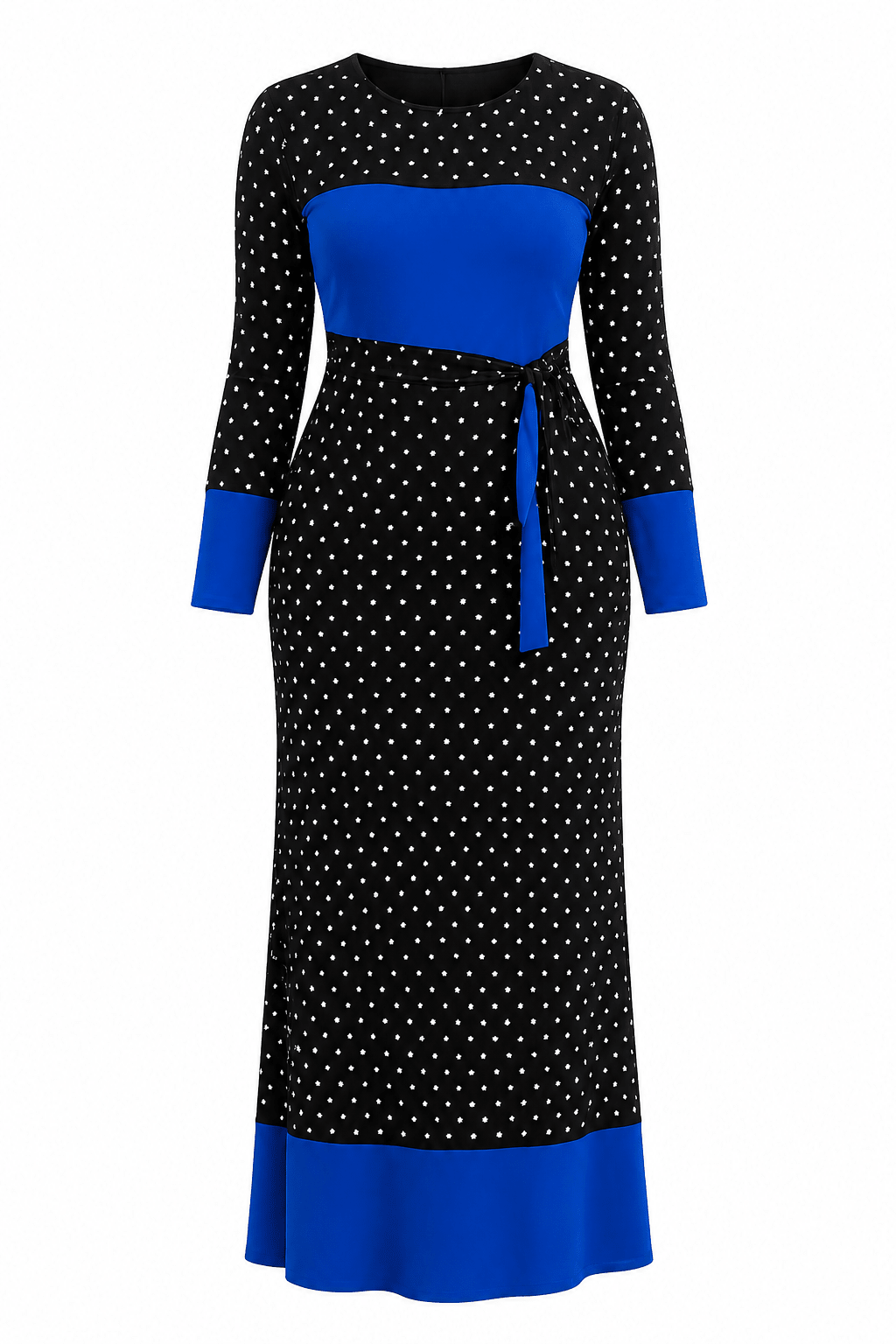 Women's Polka Dot Colour Block Maxi Dress – Long Sleeve Belted Elegant Maxi Dress (Green, Royal Blue, Red & Black/White Stripe) - Maxi Dress - Cherubim Aura