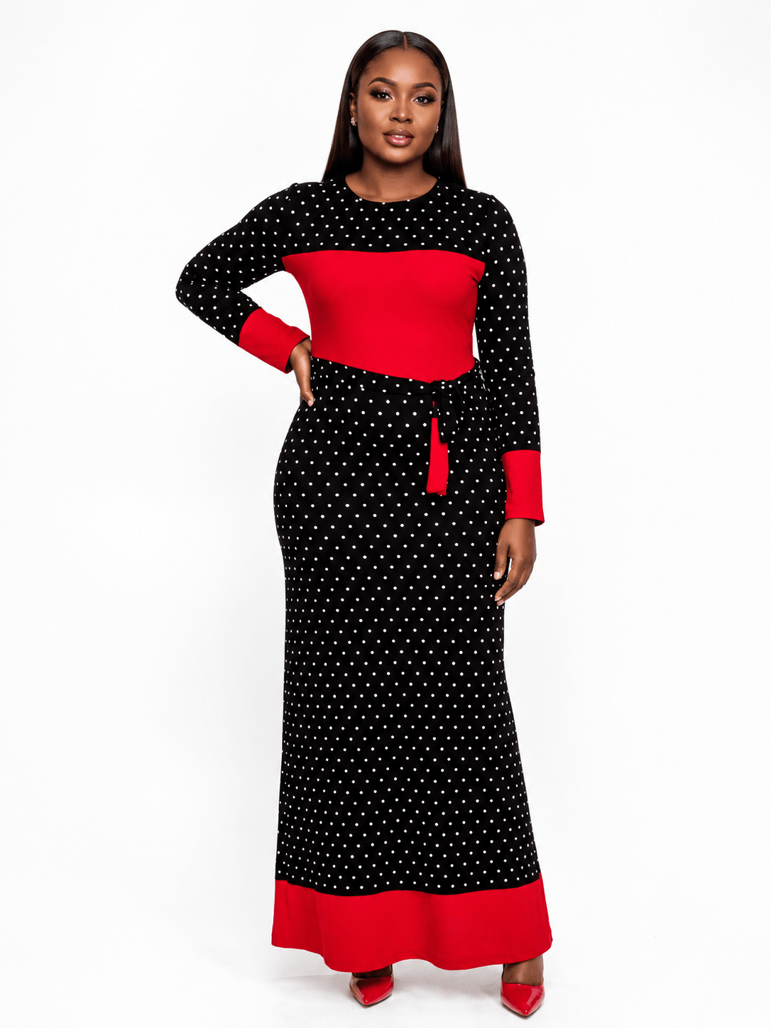 Women's Polka Dot Colour Block Maxi Dress – Long Sleeve Belted Elegant Maxi Dress (Green, Royal Blue, Red & Black/White Stripe) - Maxi Dress - Cherubim Aura