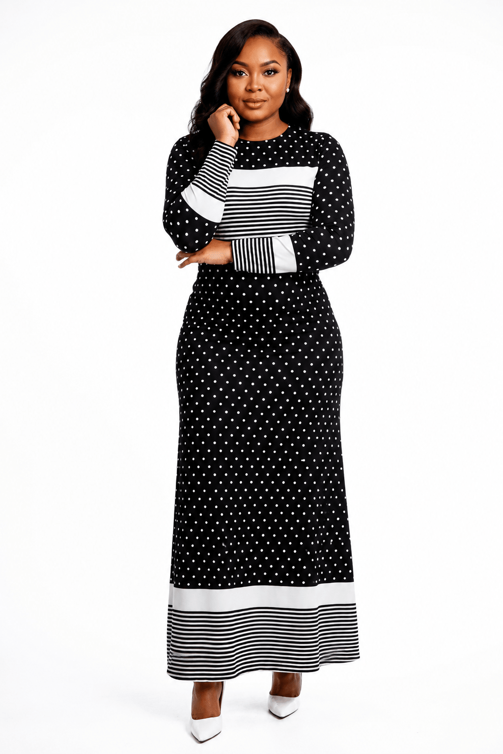 Women's Polka Dot Colour Block Maxi Dress – Long Sleeve Belted Elegant Maxi Dress (Green, Royal Blue, Red & Black/White Stripe) - Maxi Dress - Cherubim Aura