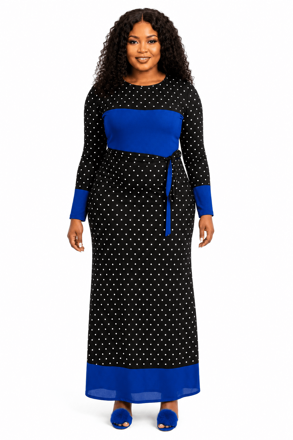 Women's Polka Dot Colour Block Maxi Dress – Long Sleeve Belted Elegant Maxi Dress (Green, Royal Blue, Red & Black/White Stripe) - Maxi Dress - Cherubim Aura