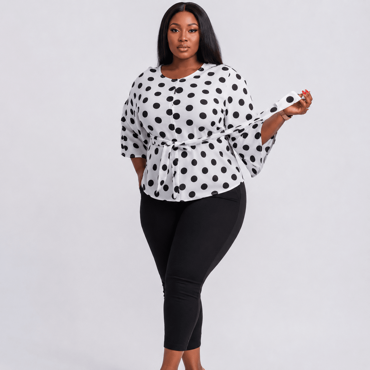 Women’s Polka Dot Tie-Waist Blouse – Bell Sleeve Round Neck Dressy Casual Top – One Size UK 10–16 - Top - Cherubim Aura