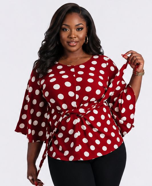 Women’s Polka Dot Tie-Waist Blouse – Bell Sleeve Round Neck Dressy Casual Top – One Size UK 10–16 - Top - Cherubim Aura