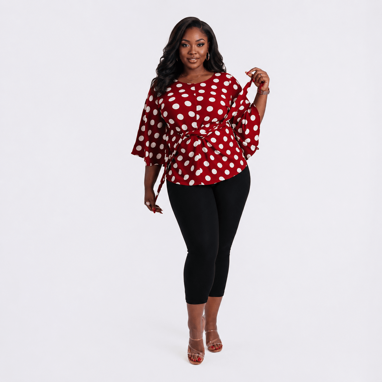 Women’s Polka Dot Tie-Waist Blouse – Bell Sleeve Round Neck Dressy Casual Top – One Size UK 10–16 - Top - Cherubim Aura