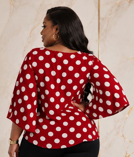Women’s Polka Dot Tie-Waist Blouse – Bell Sleeve Round Neck Dressy Casual Top – One Size UK 10–16 - Top - Cherubim Aura