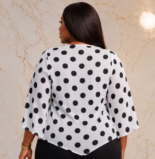 Women’s Polka Dot Tie-Waist Blouse – Bell Sleeve Round Neck Dressy Casual Top – One Size UK 10–16 - Top - Cherubim Aura
