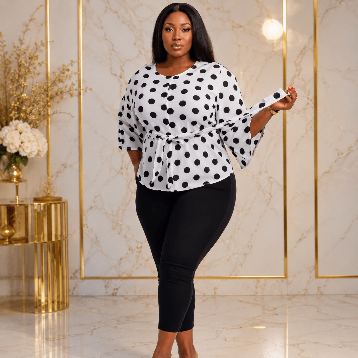Women’s Polka Dot Tie-Waist Blouse – Bell Sleeve Round Neck Dressy Casual Top – One Size UK 10–16 - Top - Cherubim Aura