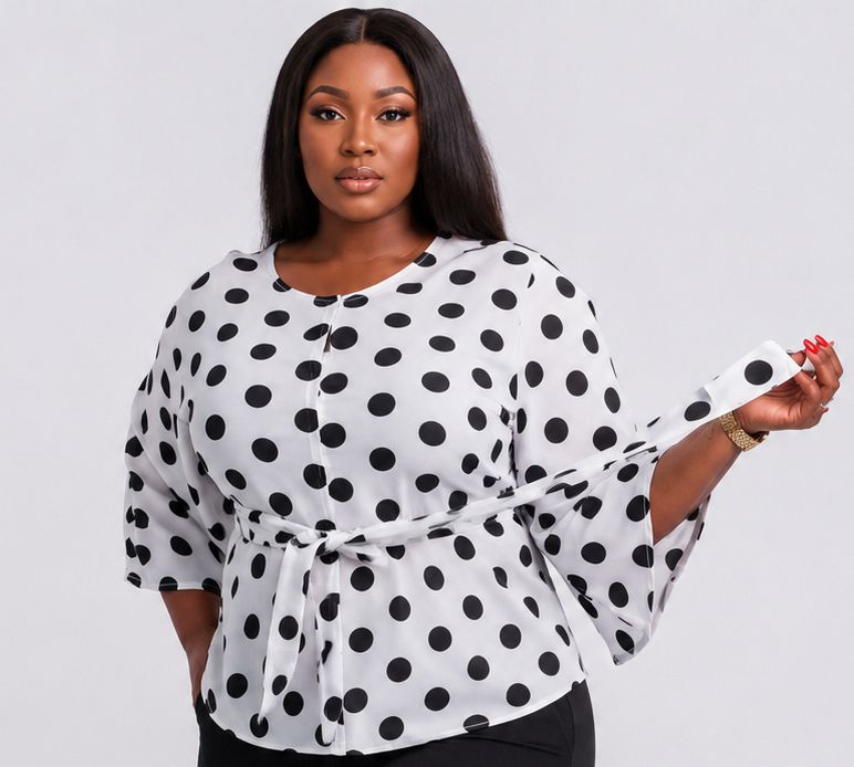 Women’s Polka Dot Tie-Waist Blouse – Bell Sleeve Round Neck Dressy Casual Top – One Size UK 10–16 - Top - Cherubim Aura