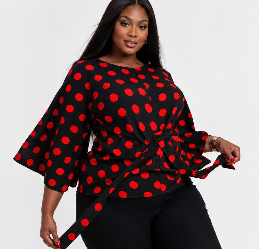 Women’s Polka Dot Tie-Waist Blouse – Bell Sleeve Round Neck Dressy Casual Top – One Size UK 10–16 - Top - Cherubim Aura