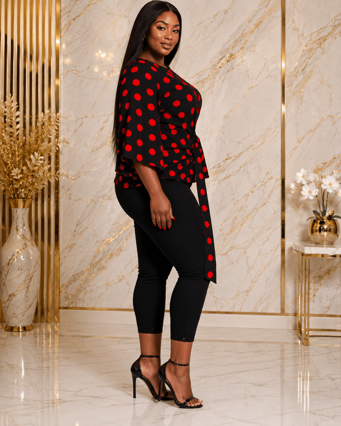 Women’s Polka Dot Tie-Waist Blouse – Bell Sleeve Round Neck Dressy Casual Top – One Size UK 10–16 - Top - Cherubim Aura