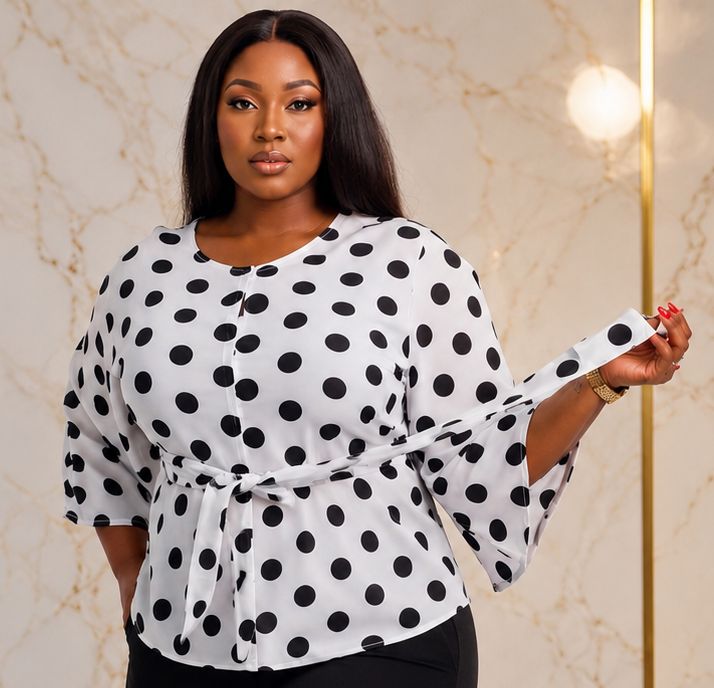 Women’s Polka Dot Tie-Waist Blouse – Bell Sleeve Round Neck Dressy Casual Top – One Size UK 10–16 - Top - Cherubim Aura