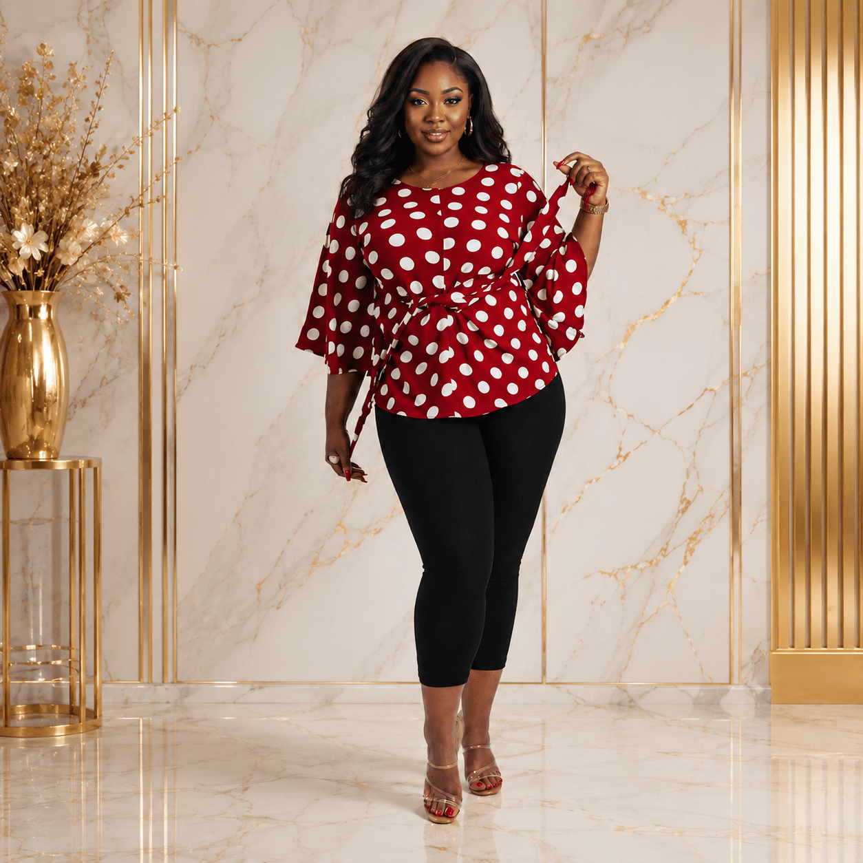 Women’s Polka Dot Tie-Waist Blouse – Bell Sleeve Round Neck Dressy Casual Top – One Size UK 10–16 - Top - Cherubim Aura