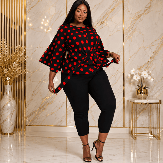 Women’s Polka Dot Tie-Waist Blouse – Bell Sleeve Round Neck Dressy Casual Top – One Size UK 10–16 - Top - Cherubim Aura