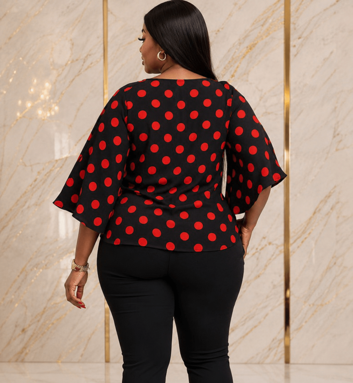 Women’s Polka Dot Tie-Waist Blouse – Bell Sleeve Round Neck Dressy Casual Top – One Size UK 10–16 - Top - Cherubim Aura