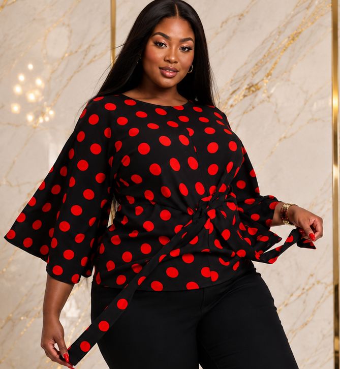 Women’s Polka Dot Tie-Waist Blouse – Bell Sleeve Round Neck Dressy Casual Top – One Size UK 10–16 - Top - Cherubim Aura