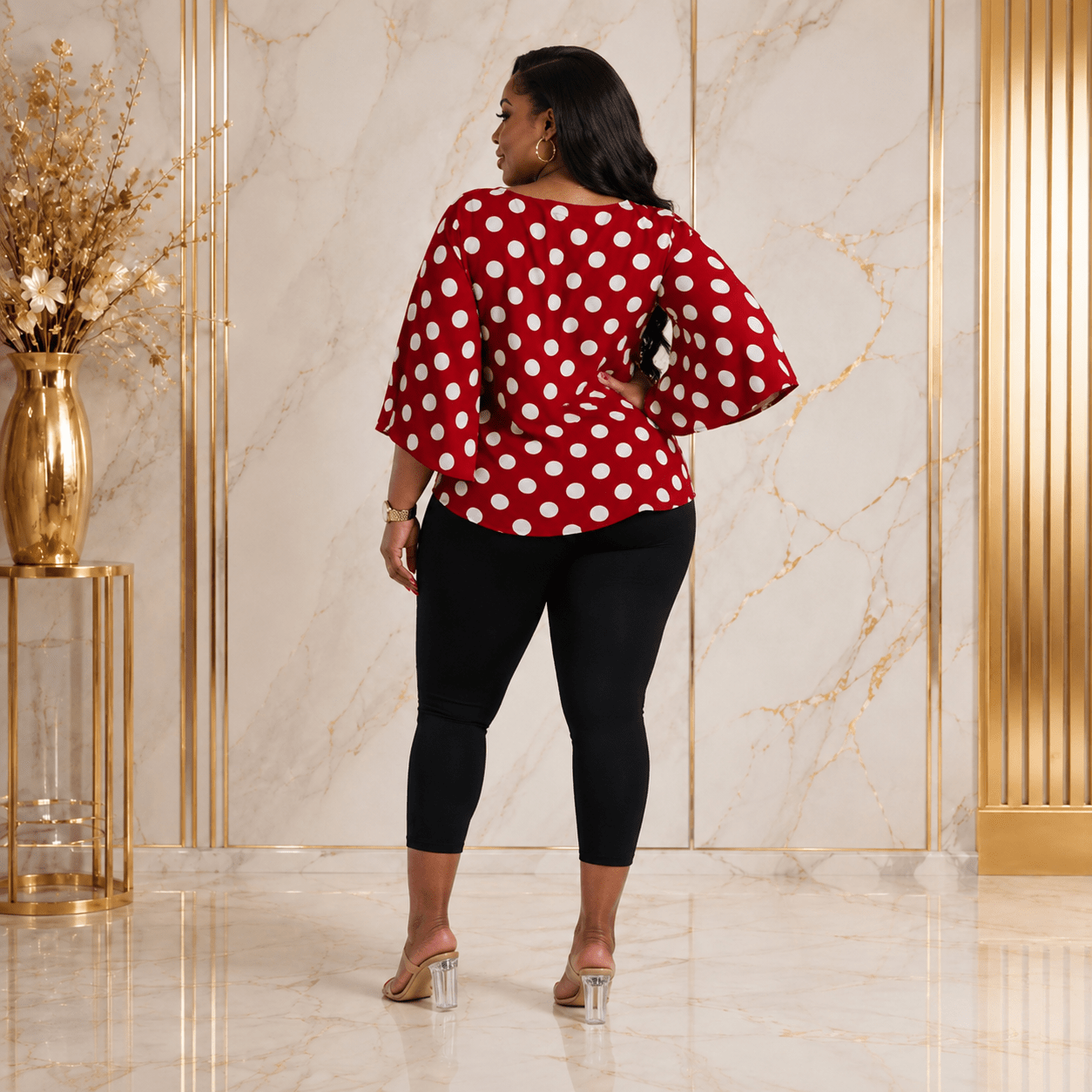 Women’s Polka Dot Tie-Waist Blouse – Bell Sleeve Round Neck Dressy Casual Top – One Size UK 10–16 - Top - Cherubim Aura