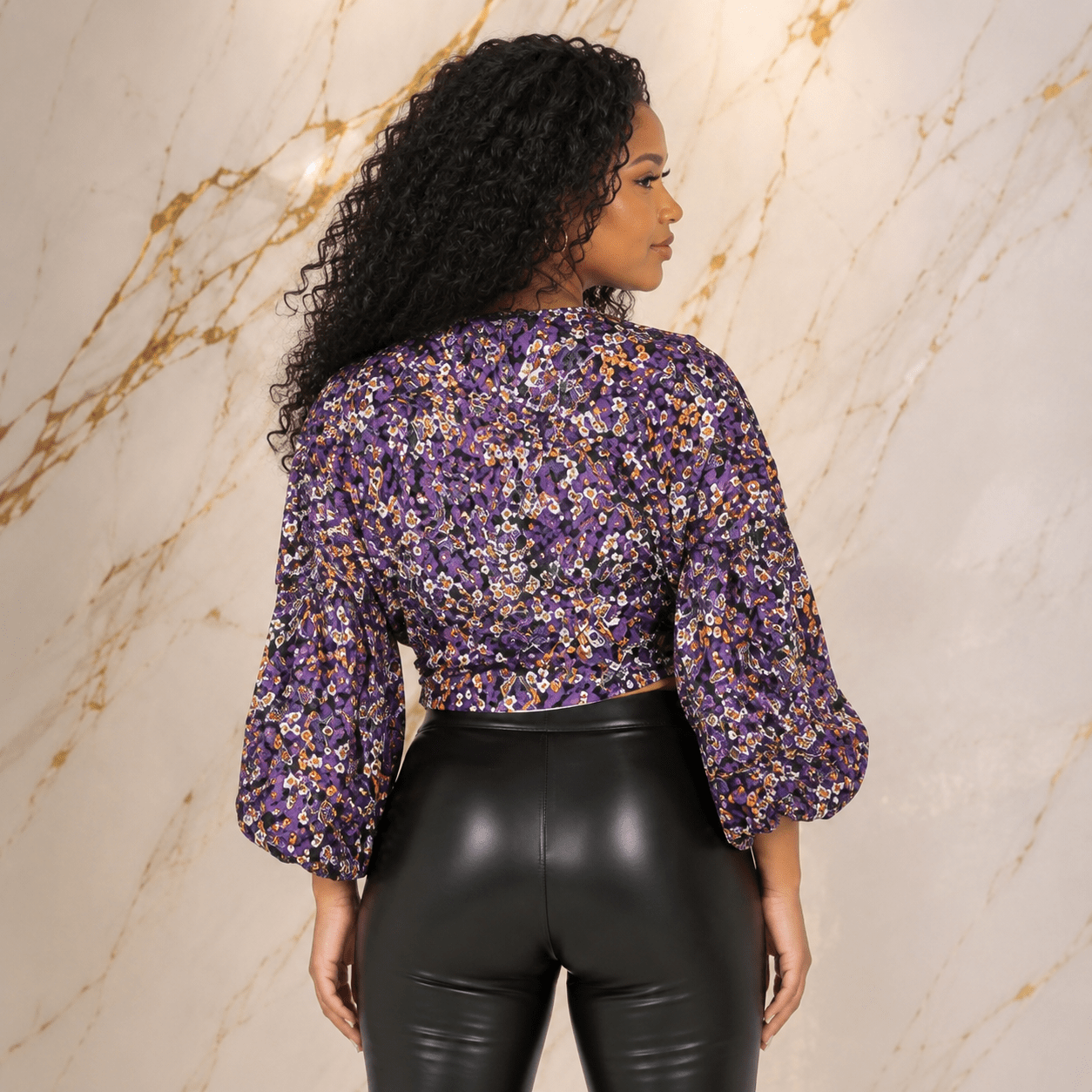 Women's Purple Abstract Floral Zip-Front Crop Top – Bell Sleeve V-Neck Dressy Casual Blouse - Top - Cherubim Aura