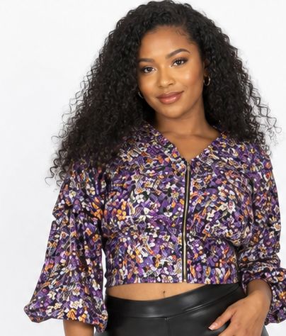 Women's Purple Abstract Floral Zip-Front Crop Top – Bell Sleeve V-Neck Dressy Casual Blouse - Top - Cherubim Aura