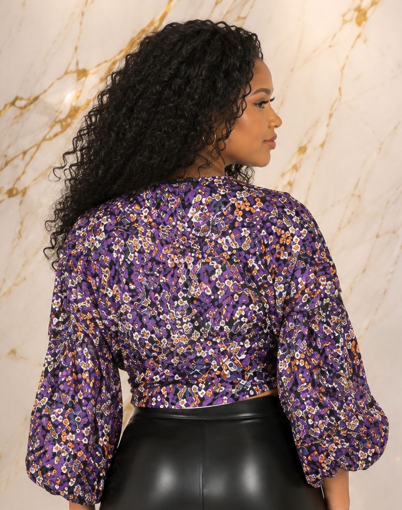 Women's Purple Abstract Floral Zip-Front Crop Top – Bell Sleeve V-Neck Dressy Casual Blouse - Top - Cherubim Aura