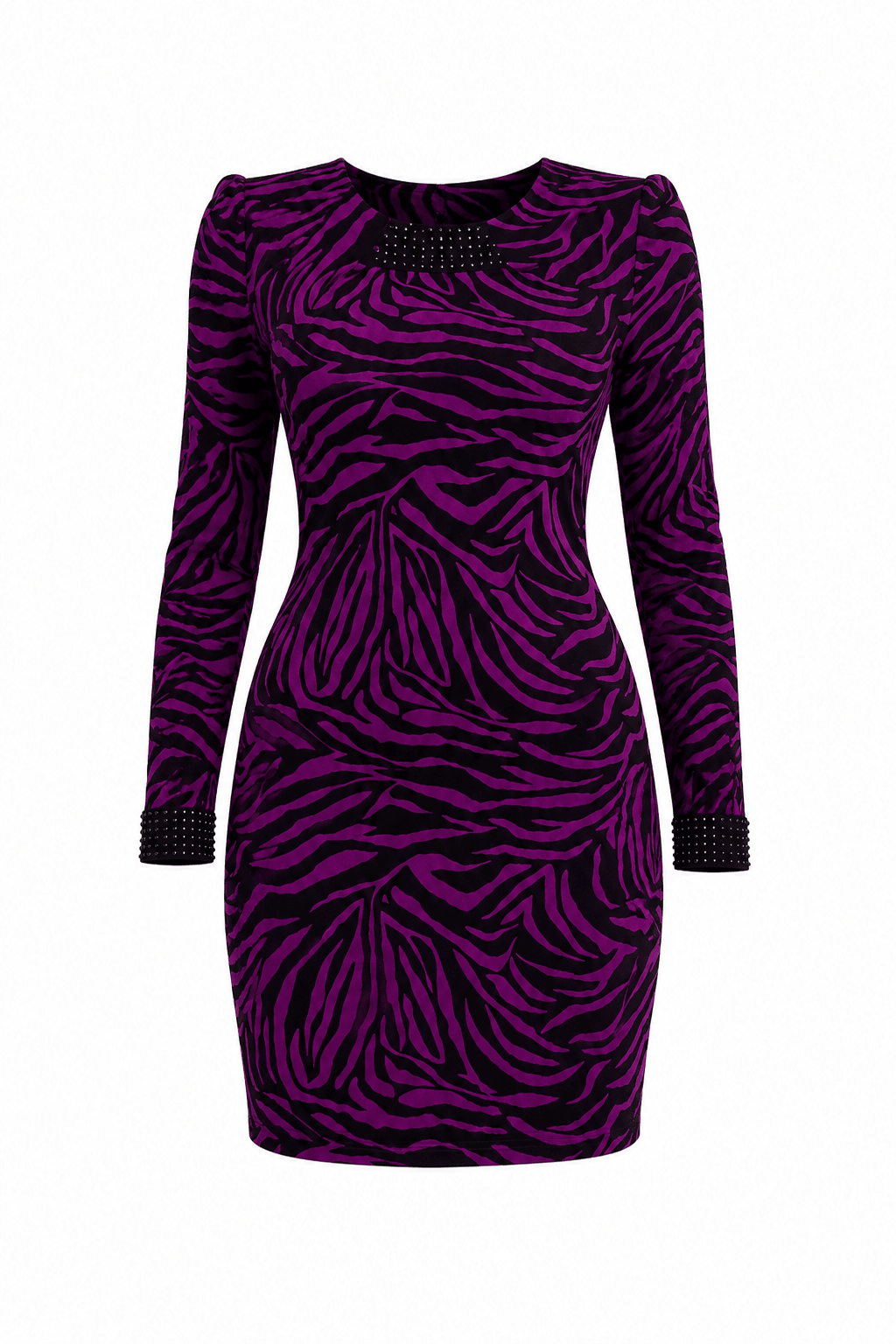 Women's Purple & Black Zebra Print Sheath Mini Dress – Long Sleeve Elegant Bodycon Dress - Mini Dress - Cherubim Aura