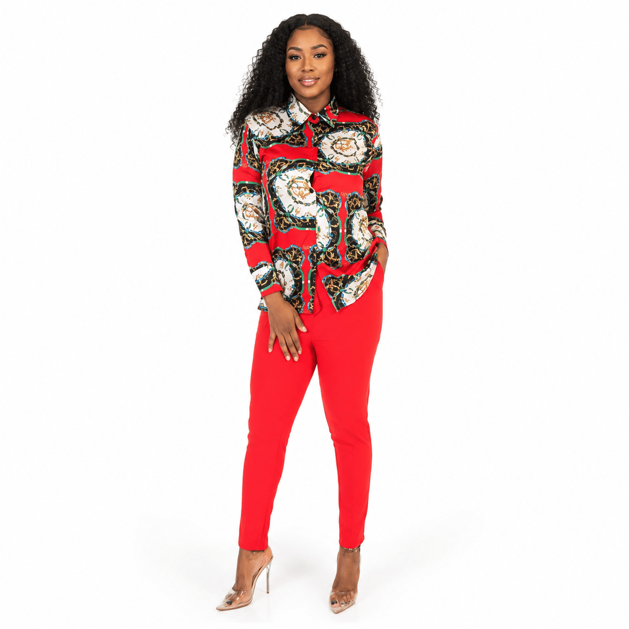 Women's Red Baroque Chain Print Button-Down Shirt – Long Sleeve Collared Dressy Casual Blouse - Top - Cherubim Aura