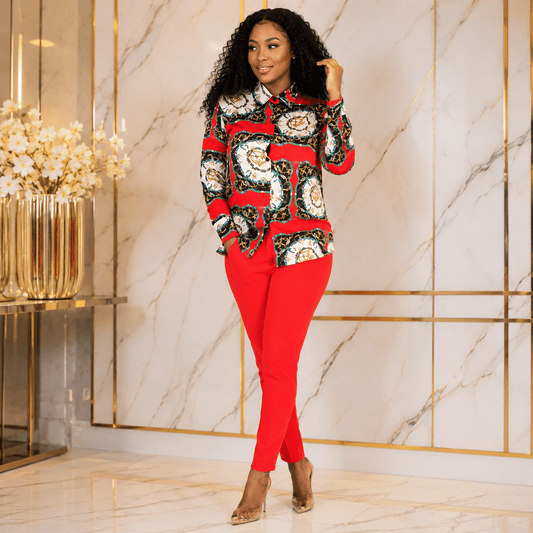 Women's Red Baroque Chain Print Button-Down Shirt – Long Sleeve Collared Dressy Casual Blouse - Top - Cherubim Aura