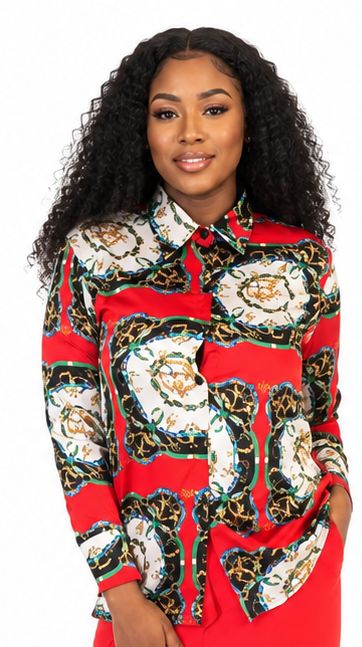 Women's Red Baroque Chain Print Button-Down Shirt – Long Sleeve Collared Dressy Casual Blouse - Top - Cherubim Aura