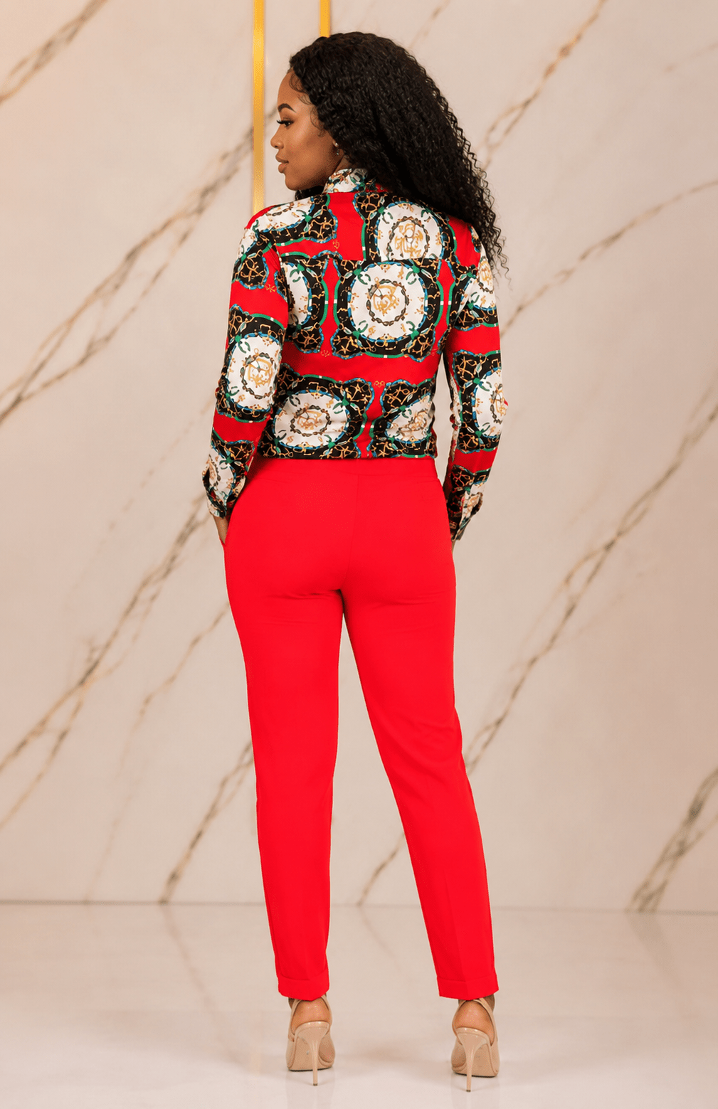 Women's Red Baroque Chain Print Button-Down Shirt – Long Sleeve Collared Dressy Casual Blouse - Top - Cherubim Aura