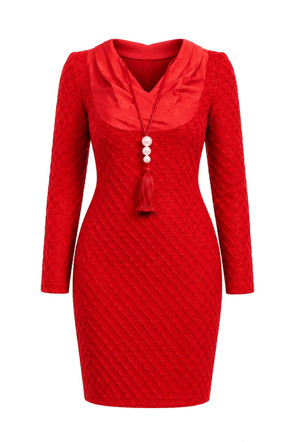 Women's Red Textured Bodycon Mini Dress – Long Sleeve Satin Cowl Neck Party Dress with Tassel Necklace - Mini Dress - Cherubim Aura